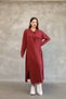 Women's Burgundy Round Neck Buckled Side Slit Vintage Detailed Cotton Knit Long Dress - 5