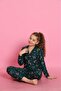 New Year Patterned Long Sleeve Button Front Shirt Collar Girls Pajama Set