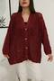 Women's Burgundy Button Closure Vintage Loose Cotton Patterned Knitwear Long Cardigan Cap - 5
