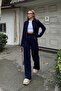 Navy Blue Cara Polo Neck Reversible Zipper Crop-Pants Women's Knitwear Bottom-Top Set - 2