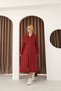 Women's Burgundy Shirt Collar Button Closure Pocketed Vintage Loose Cotton Knit Midi Dress