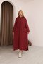 Women's Burgundy Hooded Pocketed Distressed Detailed Cotton Long Sleeve Knitwear Long Dress