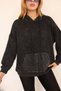 Women's Black Hooded Detail Kangaroo Pocket Distressed Loose Cotton Knitwear Sweater