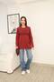 Women's Burgundy Round Neck Distressed and Ripped Detailed Pocketed Long Sleeve Loose Cotton Knitwear Sweater Blouse - 5