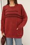 Women's Burgundy Round Neck Distressed and Ripped Detailed Pocketed Long Sleeve Loose Cotton Knitwear Sweater Blouse