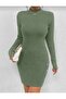 Knitted Dress Ribbed Model Button Detail Slit Comfortable High Neck - 3