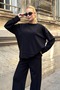 Women's Black Crew Neck Blouse and Relaxed Fit Pants with Elastic Waist Bottom Top Set - 2