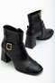 Women's Black Leather Tpu Sole Belt Buckle Detailed Zippered Heeled Boots - 3