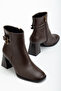 Women's Brown Leather Tpu Sole Double Buckle Pointed Toe Zippered Heeled Boots