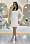 Women's Square Neck Stone Embroidered Long Sleeve Tweed Dress Black, Ecru, Mink - 5