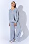 Women's Gray Melange Crew Neck Sweatshirt with Snap Buttons on the Sleeves and Drop Shoulder - 4