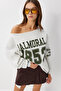 Open Shoulder Printed Ribbed Knitted Sweatshirt Lub0274 Gray Melange - 3