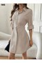 New Season Women's Imported Linen Dress Long Sleeve Front Buttoned Belted Mini Model - 6