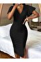 Women's Short Sleeve Deep Low-Cut V-Neck Split Midi Janjan Crepe Dress - 2