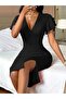 Women's Short Sleeve Deep Low-Cut V-Neck Split Midi Janjan Crepe Dress - 5