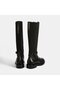 Women's Black Leather Boots with Metal Buckle Detail - 8
