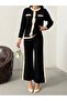 Women's Stripe Detailed Pearl Buttoned Pants Bottom Top Set - 2