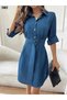 New Season Belted Women's Mini Dress Long Sleeve Collar Detailed Buttoned Linen Fabric - 3