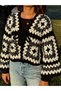 Patterned Oversize Model Knitted Cardigan, Multi-Colored Hand Knitted Cardigan - Black, White