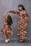 Pleated Coffee Daisy Patterned Satin Mother Dress and Girl's Flared Dress Combination