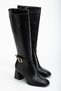 Women's Black Leather Blunt Toe Below-Knee Heeled Boots