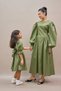 Pleated Khaki Green Poplin Mother and Daughter Watermelon Sleeve Flared Dress Combination (Sold as Single) - 6