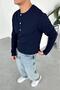 Navy Blue Premium Knitted Waffle Buttoned Collar Long Sleeve T-Shirt - 2