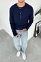 Navy Blue Premium Knitted Waffle Buttoned Collar Long Sleeve T-Shirt
