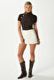 Women's Shine Gold Buttoned Half High Neck Short Sleeve Brown Ribbed Cotton Blouse - 2