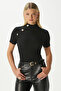 Women's Shine Gold Buttoned Half High Neck Short Sleeve Black Ribbed Cotton Blouse - 2