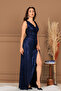 Sequin Fishnet Evening Dress - Dark Blue - 6