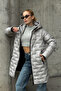 Women's Gray Quilted Zippered Hooded Long Puffer Coat - 3
