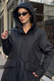 Women's Black Hooded Long Coat with Large Pockets - 2