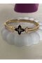 Gold Color Black Zircon Stone Italian Clover Model Women's Steel Handcuff Bracelet - 7