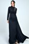 Stone Embroidered Front Gathered Lined Crepe Satin Hijab Dress - 2