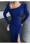 Flexible glitter fabric boat neck shoulder stone detailed slit evening dress 583047 cobalt blue - 4