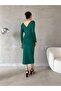 Flexible Scuba Fabric Front Pleated Belt Detailed Evening Dress 582674 Emerald - 4