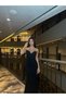 Crepe Stretchy Fabric Neck Sleeve Pearl-Detail Evening Dress 583184 BLACK - 2