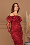 Three Sizes Floral Boat Neck Pencil Long Dress - Bordo - 5
