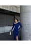Flexible glitter fabric boat neck shoulder stone detailed slit evening dress 583047 cobalt blue - 2