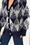 Navy Blue Diamond Pattern Pearl Stone Embroidered Button Detailed Oversize Knit Cardigan - 2
