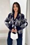 Navy Blue Diamond Pattern Pearl Stone Embroidered Button Detailed Oversize Knit Cardigan - 7
