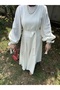 Pleated Balloon Sleeve Piece 100% Linen Long Dress - Ecru - 5