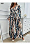 New Season Women's Long Sleeve Maxi Dress Belted Patterned Single Jersey Fabric - 2
