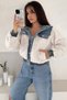 Ecru Plush Coat with Elastic Waist and Denim Detail Hooded Short Fur Jacket - 2