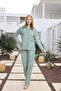 Thermal Turquoise Floral Patterned Front Tie Shirt Collar Women's Long Sleeve Pajama Set - 3