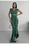 Women's Green Scuba Diving Fabric Double Breasted Collar Skirt Flounce Evening Dress Graduation Wedding Dress - 2