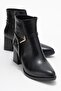 Pointed Toe Buckle Women's Heeled Boots Black Skin