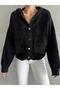 Black Pulpy Hooded Buttoned Cardigan with Pockets - 2