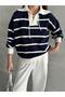 Navy Blue Mike Polo Collar Ecru Striped Lace Front Knitwear Sweater - 2